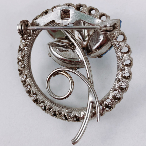 Vintage Mid Century Silver Tone Blue Rhinestone Floral Circle Brooch 1950s Pin - Picture 10 of 15
